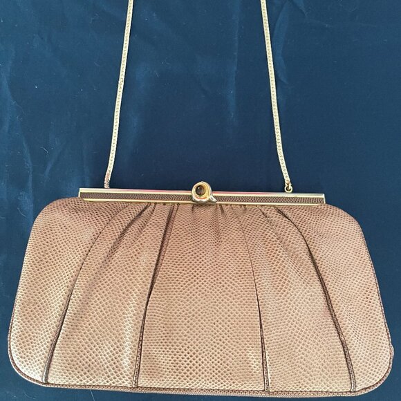 Judith Leber Tan Leather Snakeskin Clutch - Picture 1 of 4